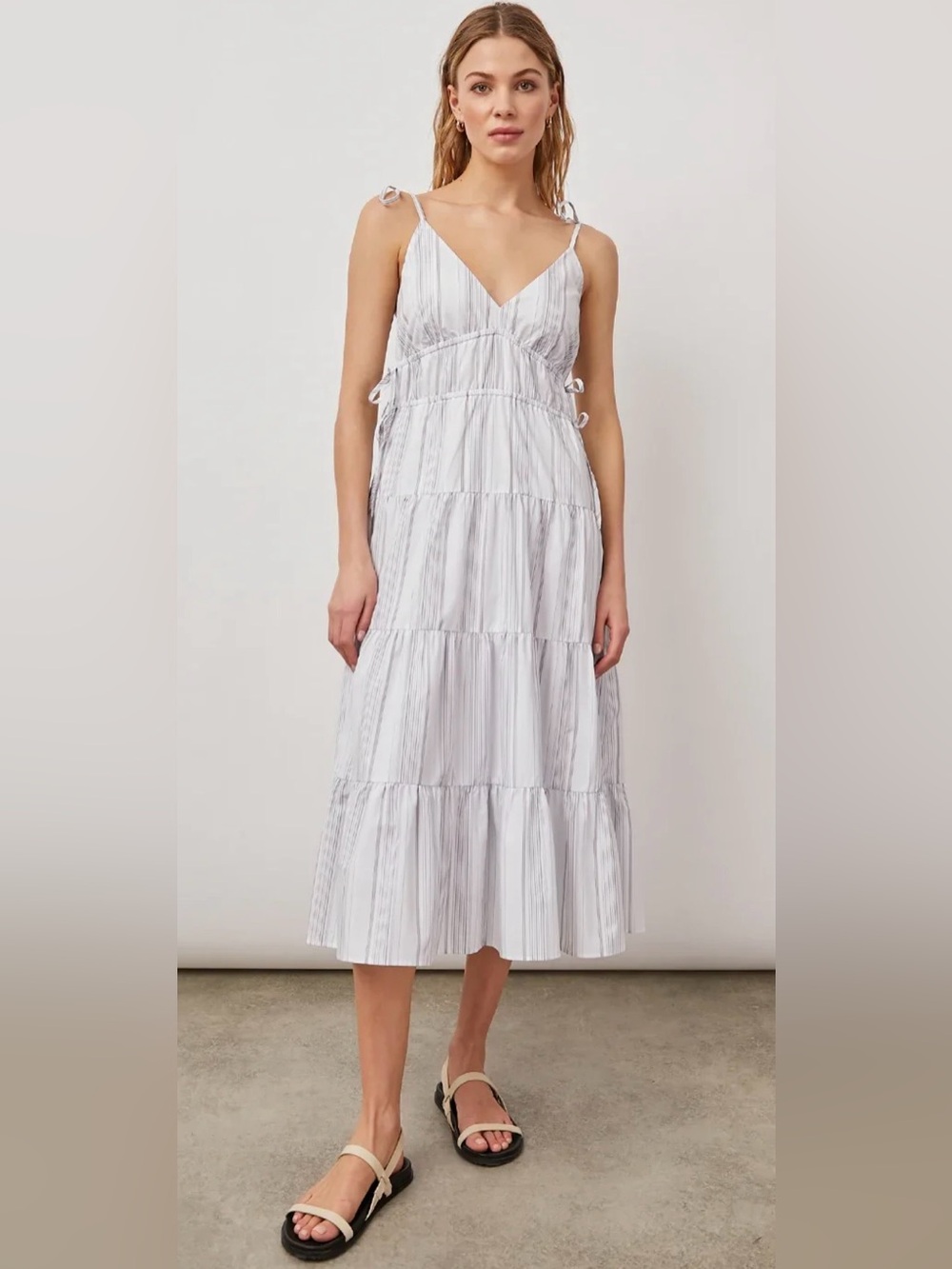 Rails Julia Dress Large West Seaport Stripe Tiered Cotton Midi Sundress